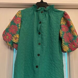 Floral Sleeve Green Blouse